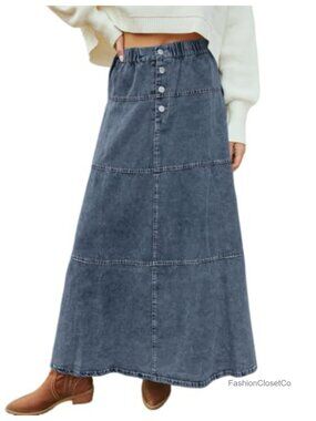 High Waist Denim Maxi Skirt A-Line Tiered Long Jean Skirt